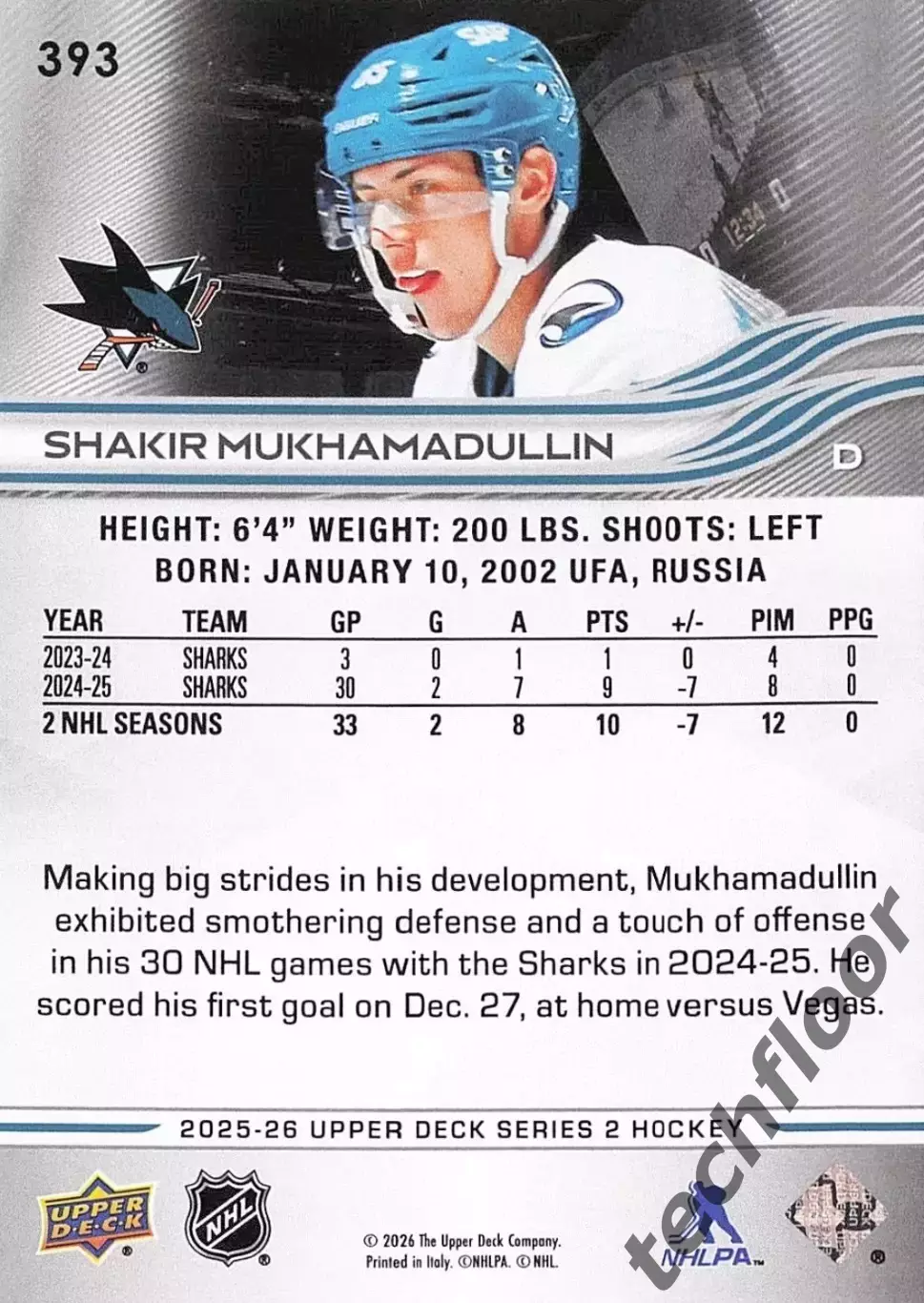 Карточка NHL Shakir Mukhamadullin San Jose Sharks/ Шакир Мухамадуллин Сан-Хосе 1