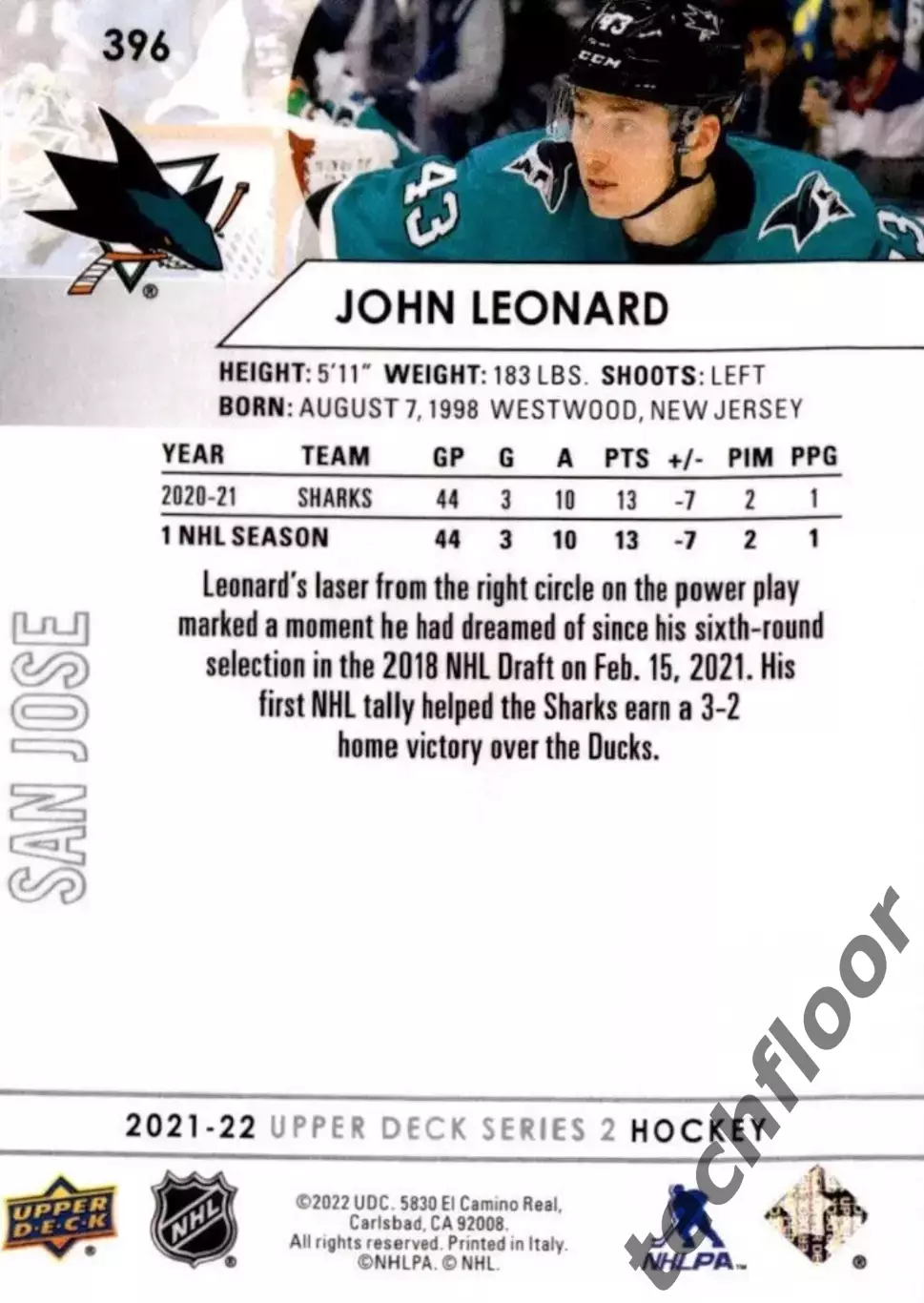 Карточка NHL John Leonard San Jose Sharks/ Джон Леонард Сан-Хосе НХЛ 1