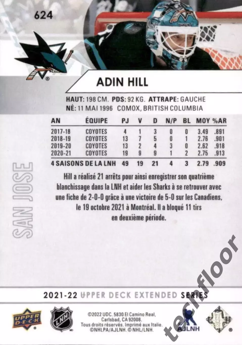 Карточка NHL Adin Hill San Jose Sharks/ Эдин Хилл Сан-Хосе НХЛ 1