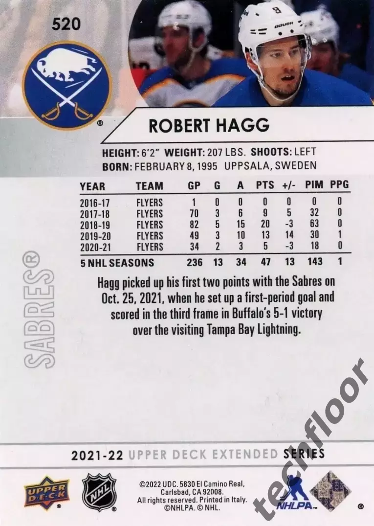 Карточка NHL Robert Hagg Buffalo Sabres/Роберт Хегг Баффало НХЛ 1