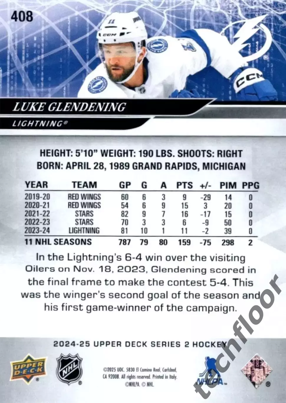Карточка NHL Luke Glendening Tampa Bay Lightning/Люк Гленденинг Тампа НХЛ 1