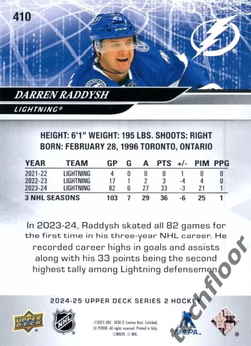 Карточка NHL Darren Raddysh Tampa Bay Lightning/Даррен Рэддиш Тампа НХЛ 1