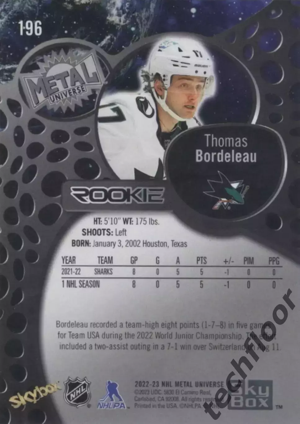 Карточка NHL Thomas Bordeleau San Jose Sharks/ Томас Бордело Сан-Хосе НХЛ 1