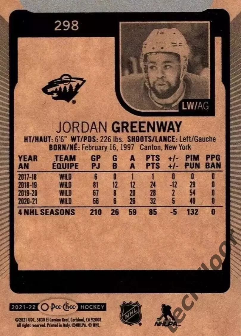 Карточка NHL Jordan Greenway Minnesota Wild/Джордан Гринуэй Миннесота НХЛ 1