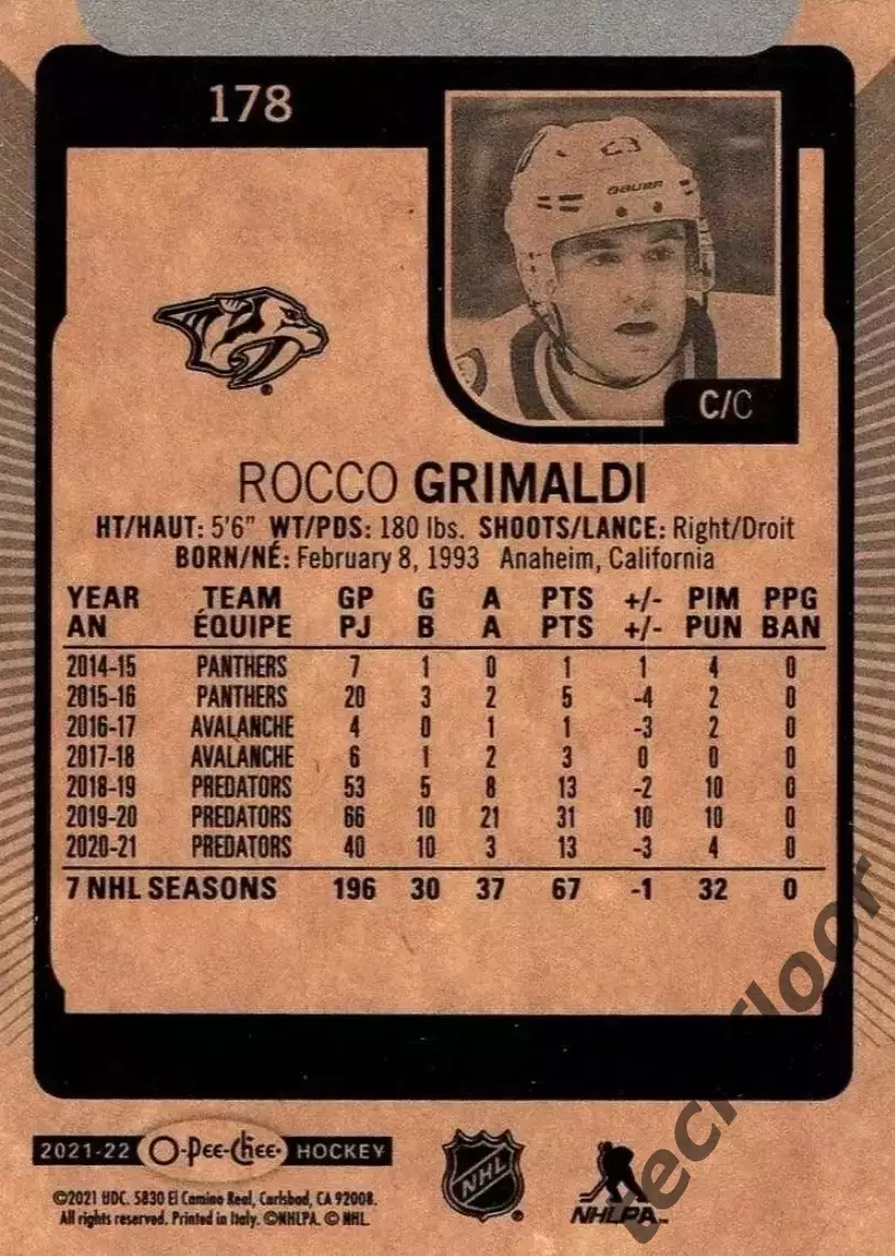 Карточка NHL Rocco Grimaldi Nashville Predators/Рокко Гримальди Нэшвилл НХЛ 1