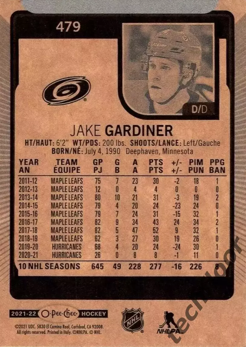 Карточка NHL Jake Gardiner Carolina Hurricanes/ Джейк Гардинер Каролина НХЛ 1