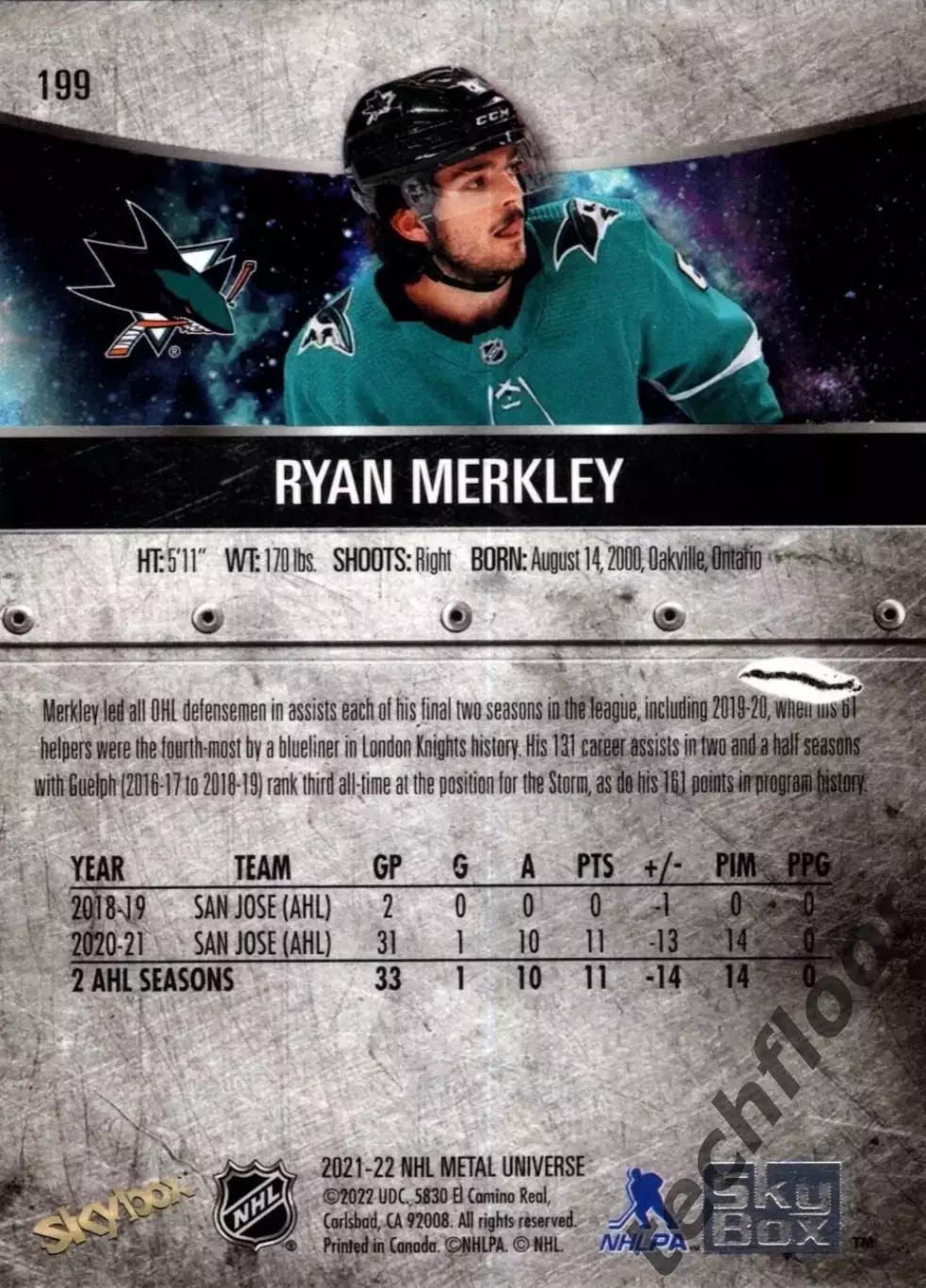 Карточка NHL Ryan Merkley San Jose Sharks/Райан Меркли Сан-Хосе НХЛ 1