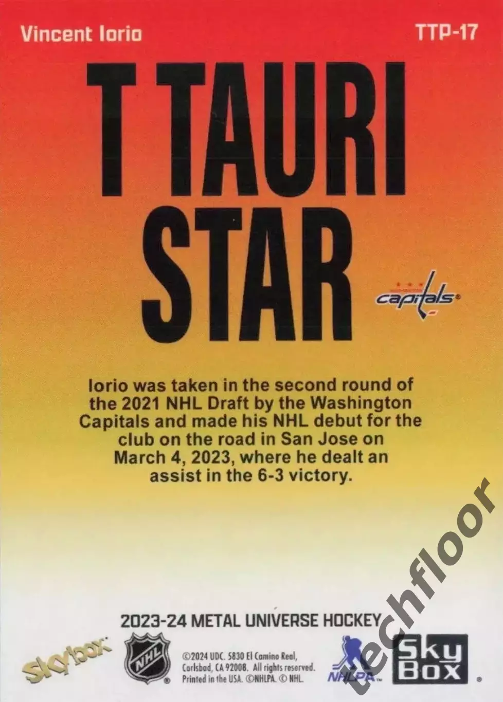 Карточка NHL Vincent Iorio Washington Capitals/Винсент Иорио Вашингтон НХЛ 1