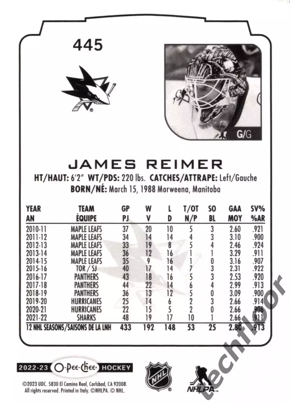 Карточка NHL James Reimer San Jose Sharks/Джеймс Раймер Сан-Хосе НХЛ 1