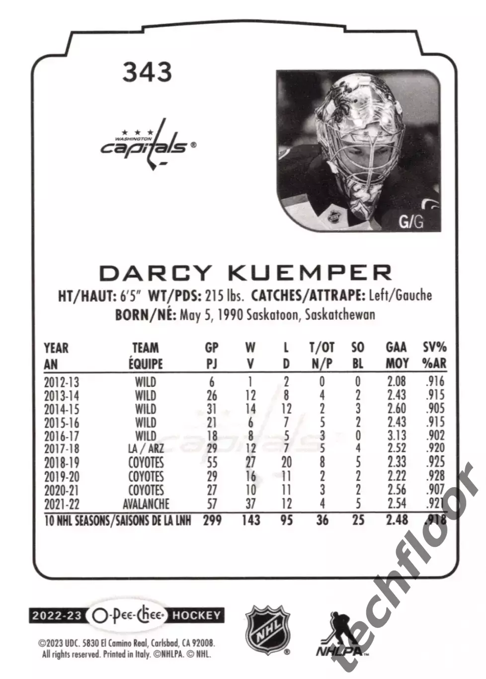 Карточка NHL Darcy Kuemper Washington Capitals/ Дарси Кемпер Вашингтон НХЛ 1
