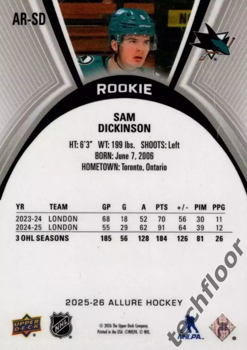 Карточка NHL Sam Dickinson San Jose Sharks/ Сэм Дикинсон Сан-Хосе НХЛ 1