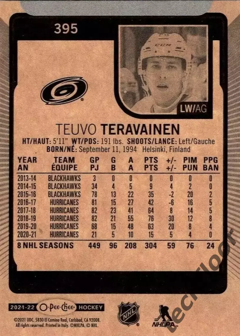 Карточка NHL Teuvo Teravainen Carolina Hurricanes /Теуво Терявяйнен Каролина НХЛ 1