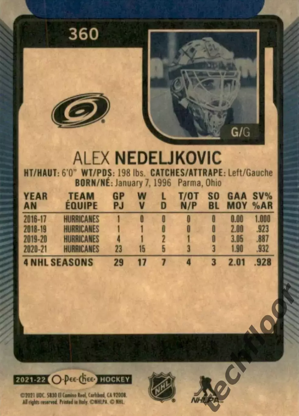 Карточка NHL Alex Nedeljkovic Carolina Hurricanes/Алекс Неделькович Каролина НХЛ 1