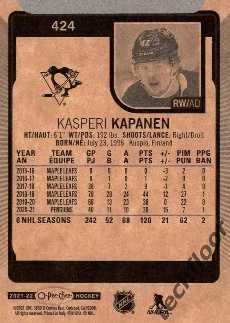 Карточка NHL Kasperi Kapanen Pittsburgh Penguins/Каспери Капанен Питтсбург НХЛ 1