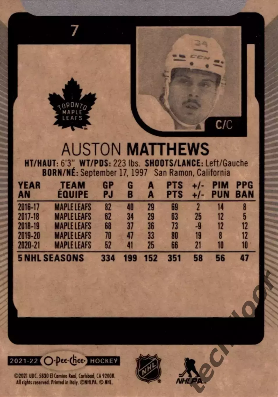 Карточка NHL Auston Matthews Toronto Maple Leafs / Остон Мэттьюс Торонто НХЛ 1