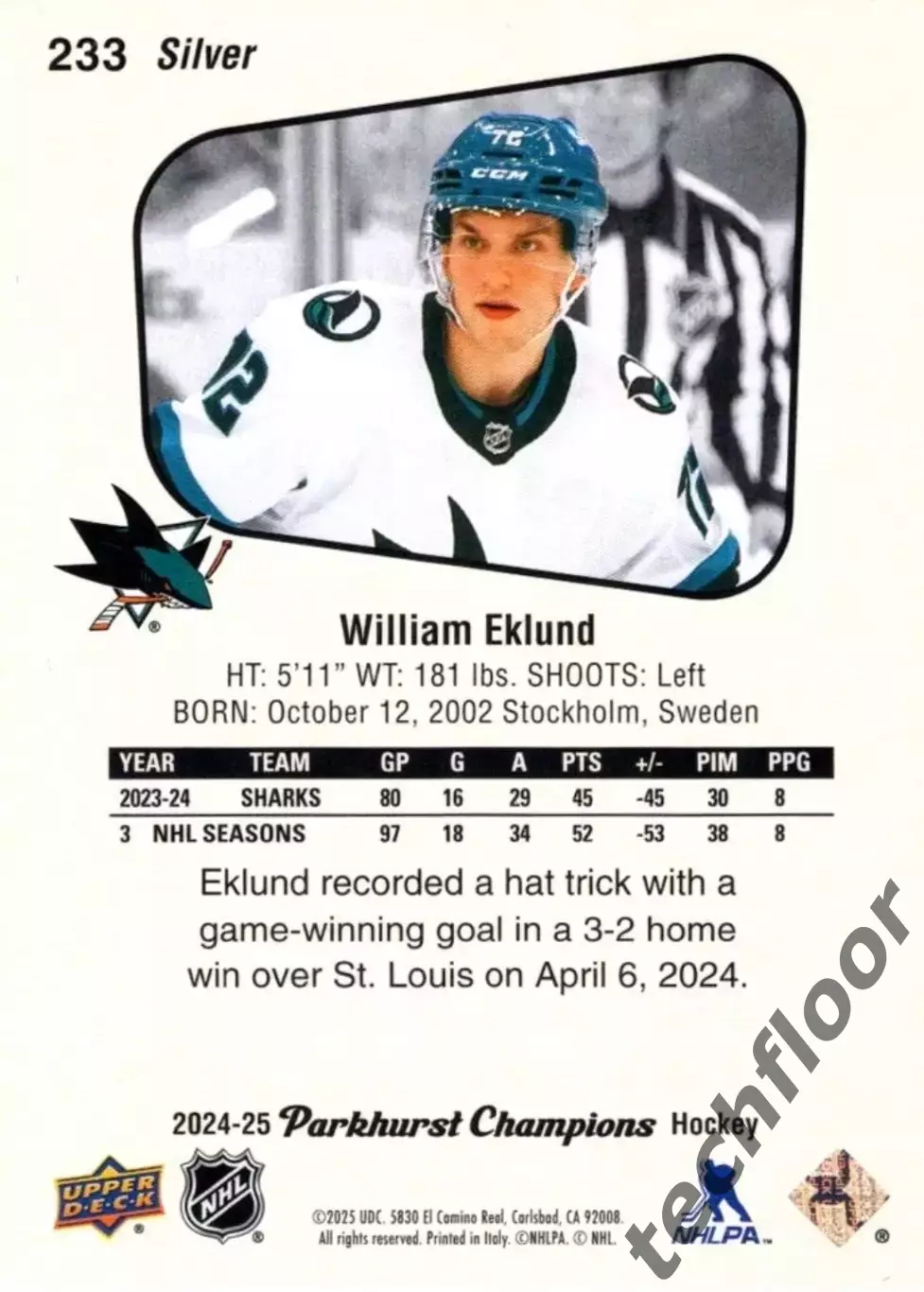 Карточка NHL William Eklund San Jose Sharks/Виллиам Эклунд Сан-Хосе НХЛ 1