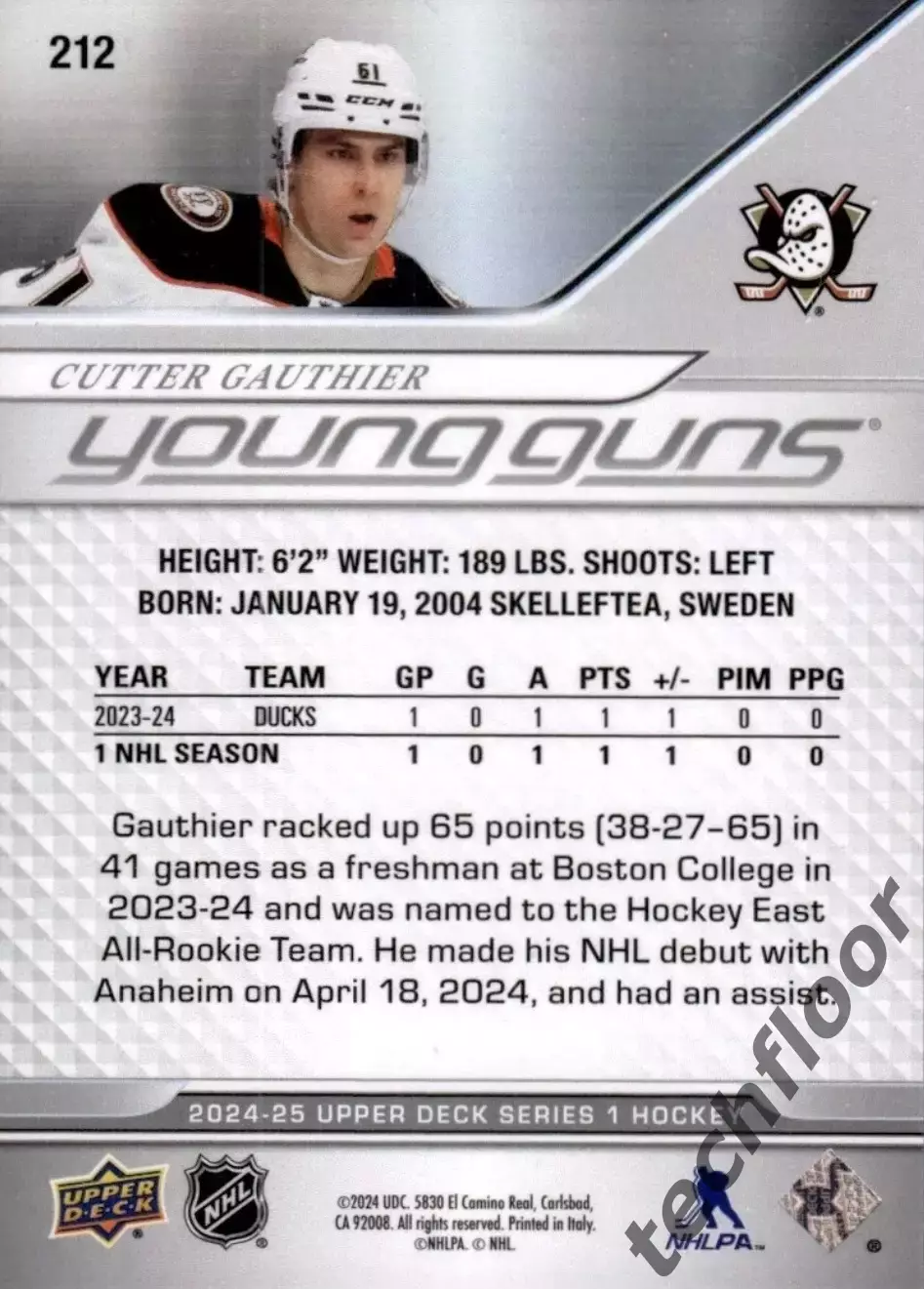 Карточка NHL Cutter Gauthier Anaheim Ducks /Каттер Готье Анахайм НХЛ 1