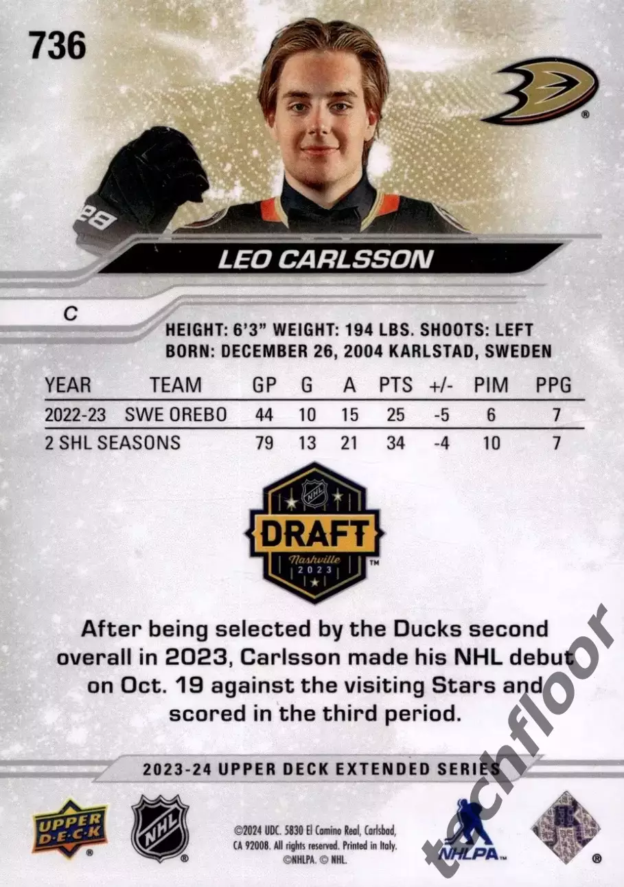 Карточка NHL Leo Carlsson Anaheim Ducks/Лео Карлссон Анахайм НХЛ 1