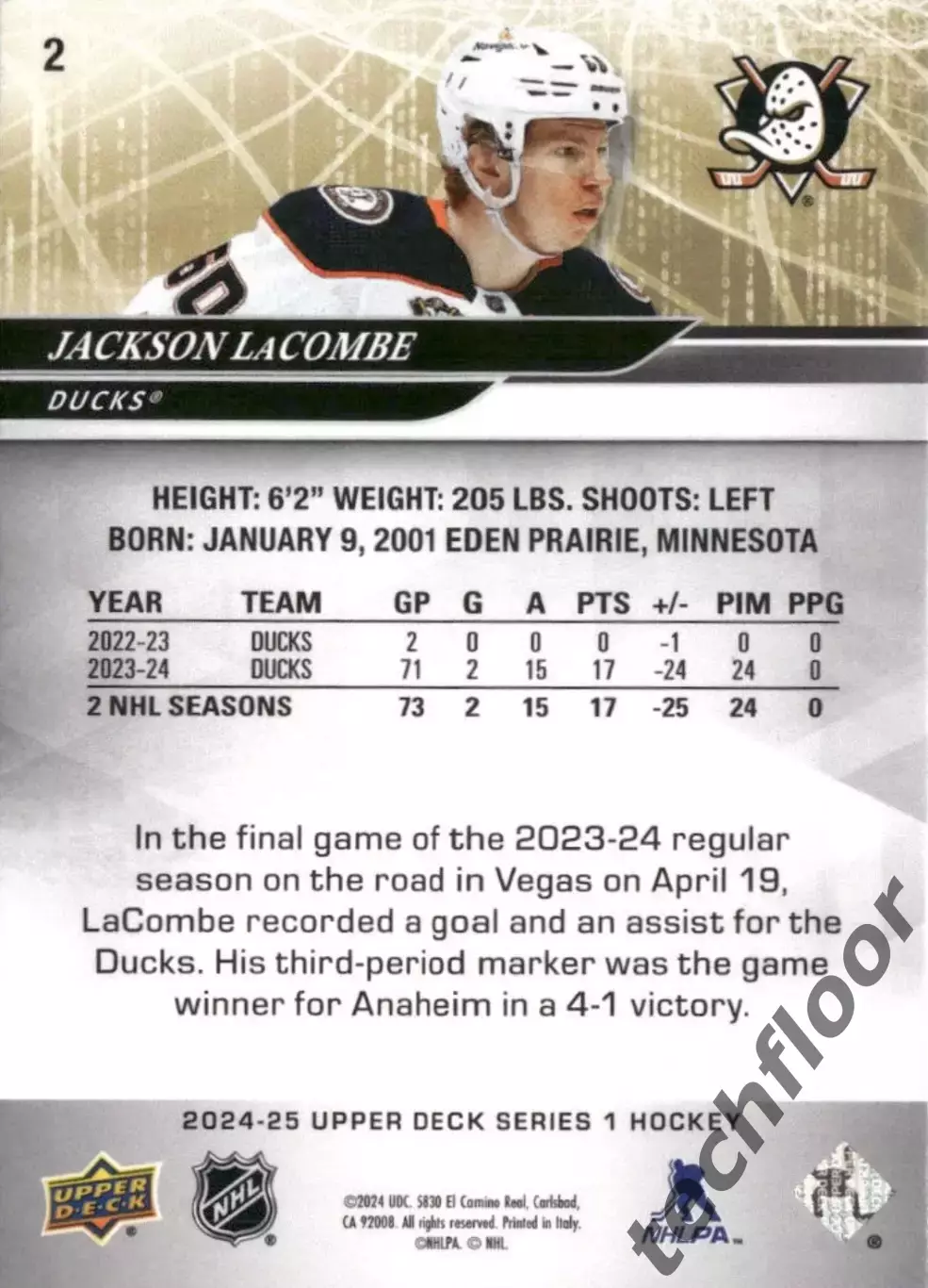 Карточка NHL Jackson LaCombe Anaheim Ducks/Джексон Лакомб Анахайм НХЛ 1
