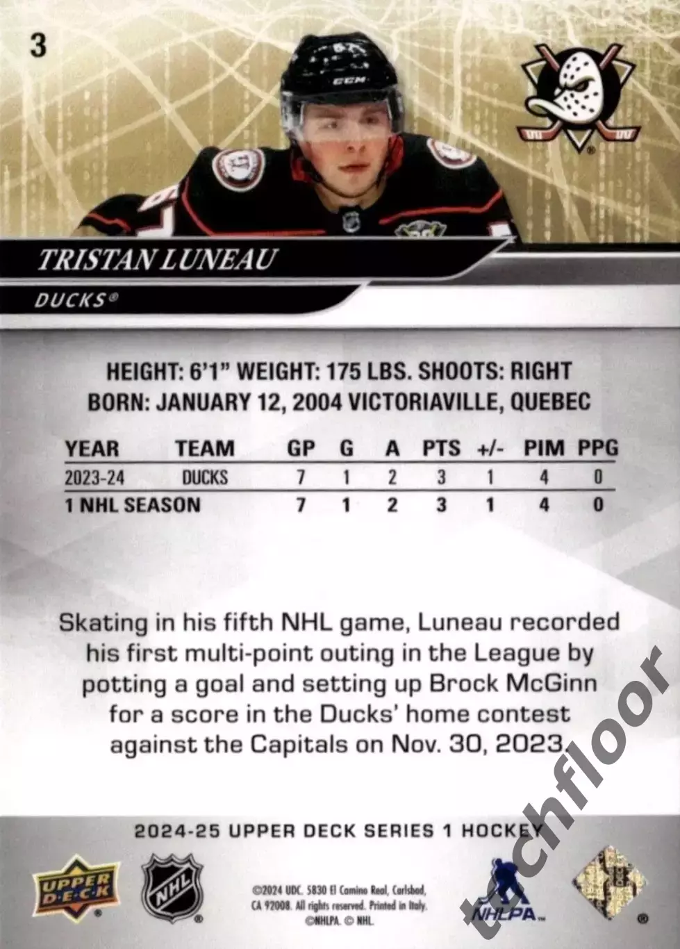 Карточка NHL Tristan Luneau Anaheim Ducks /Тристан Луно Анахайм НХЛ 1