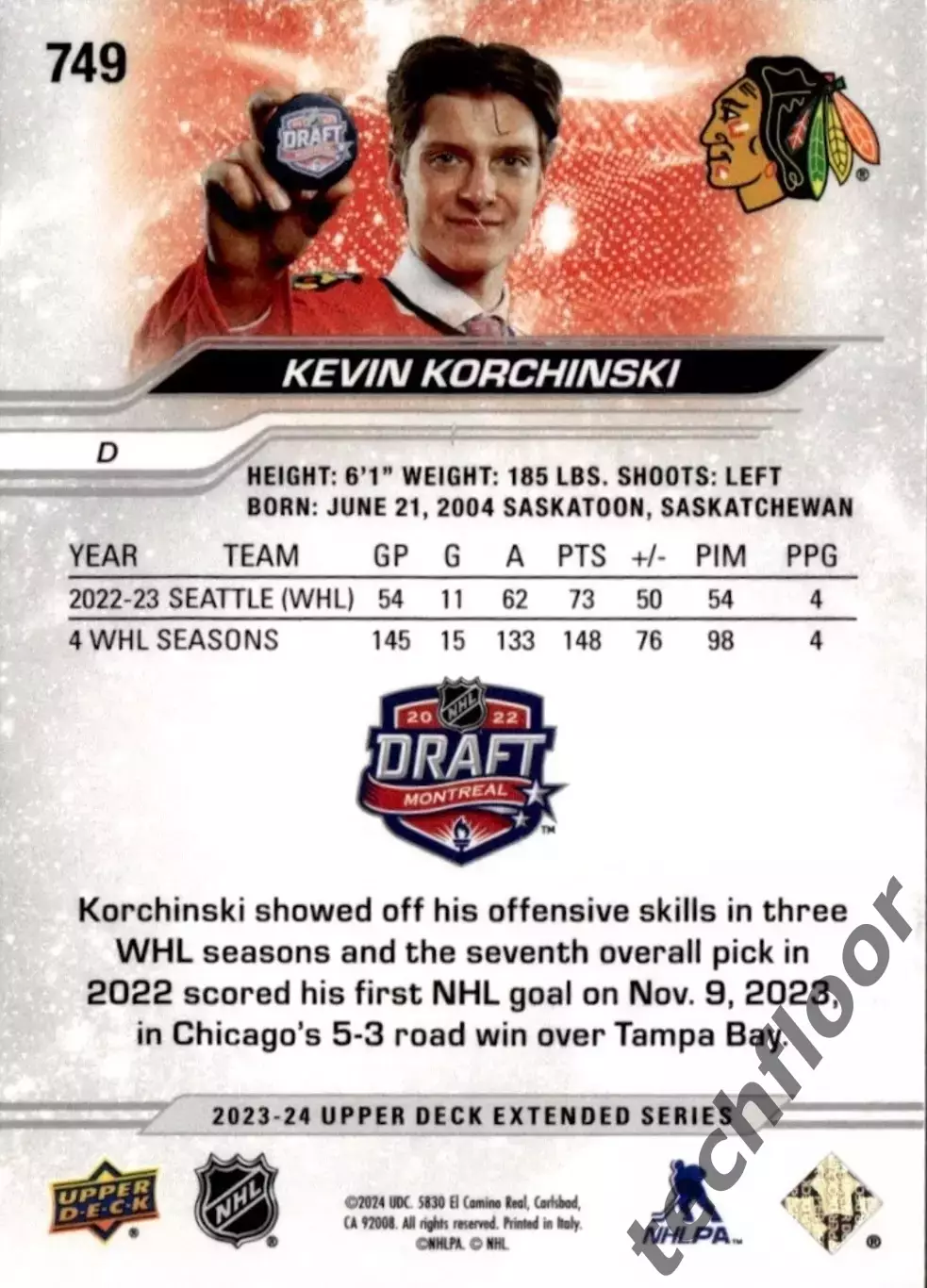 Карточка NHL Kevin Korchinski Chicago Blackhawks/ Кевин Корчински Чикаго НХЛ 1