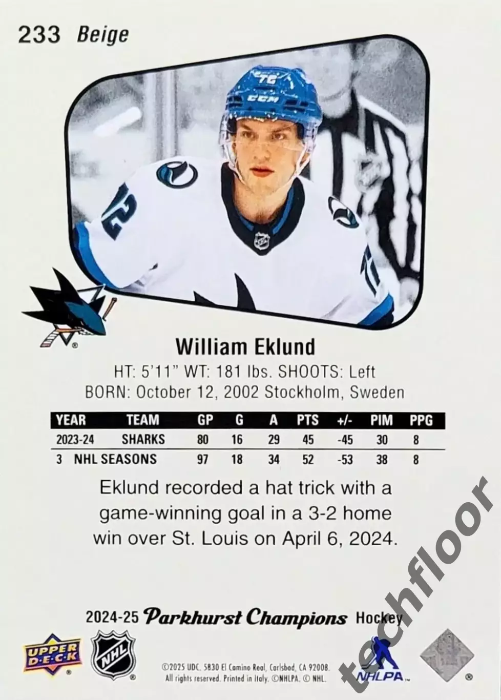Карточка NHL William Eklund San Jose Sharks/ Виллиам Эклунд Сан-Хосе НХЛ 1