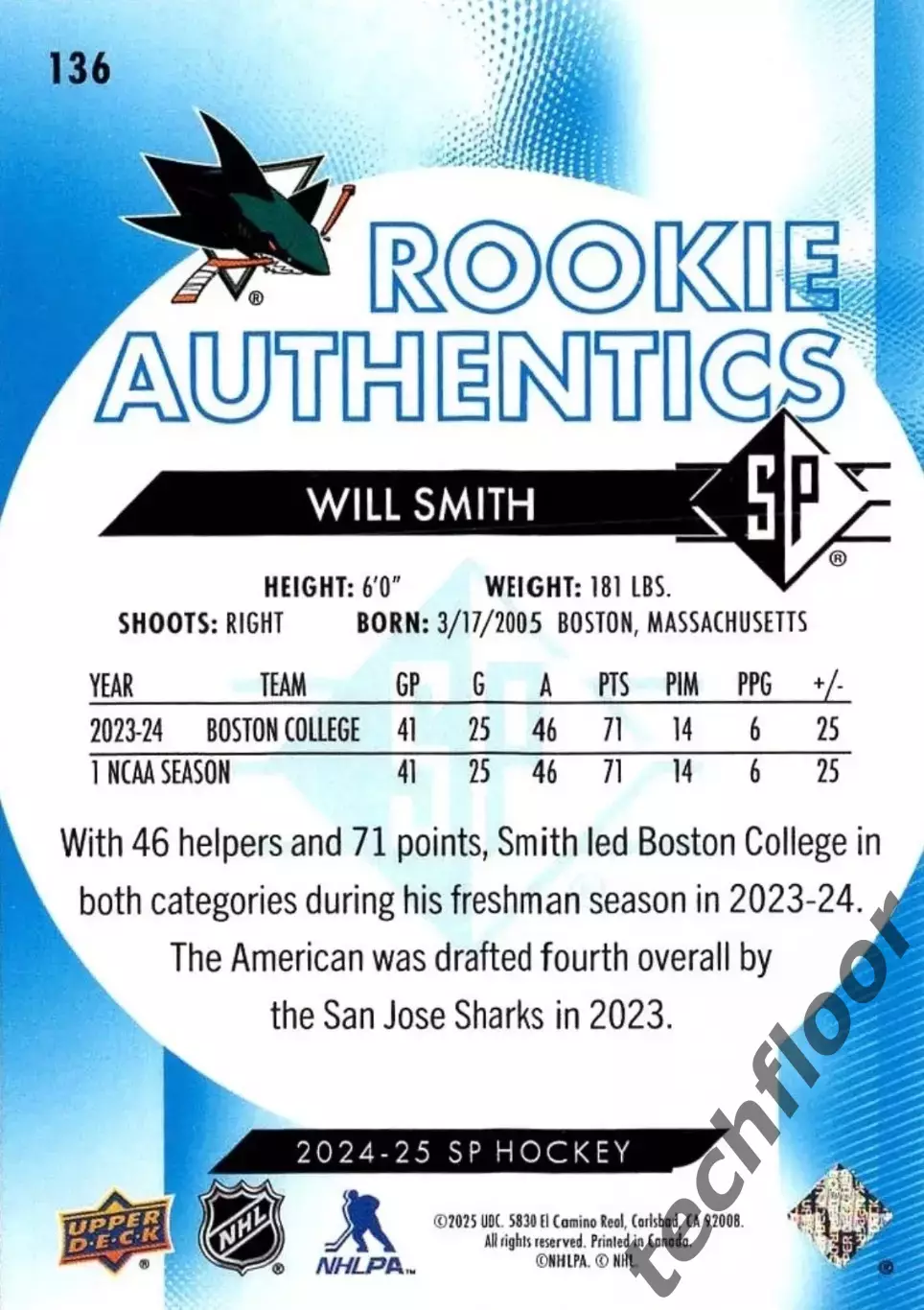 Карточка NHL Will Smith San Jose Sharks/Уилл Смит Сан-Хосе НХЛ 1