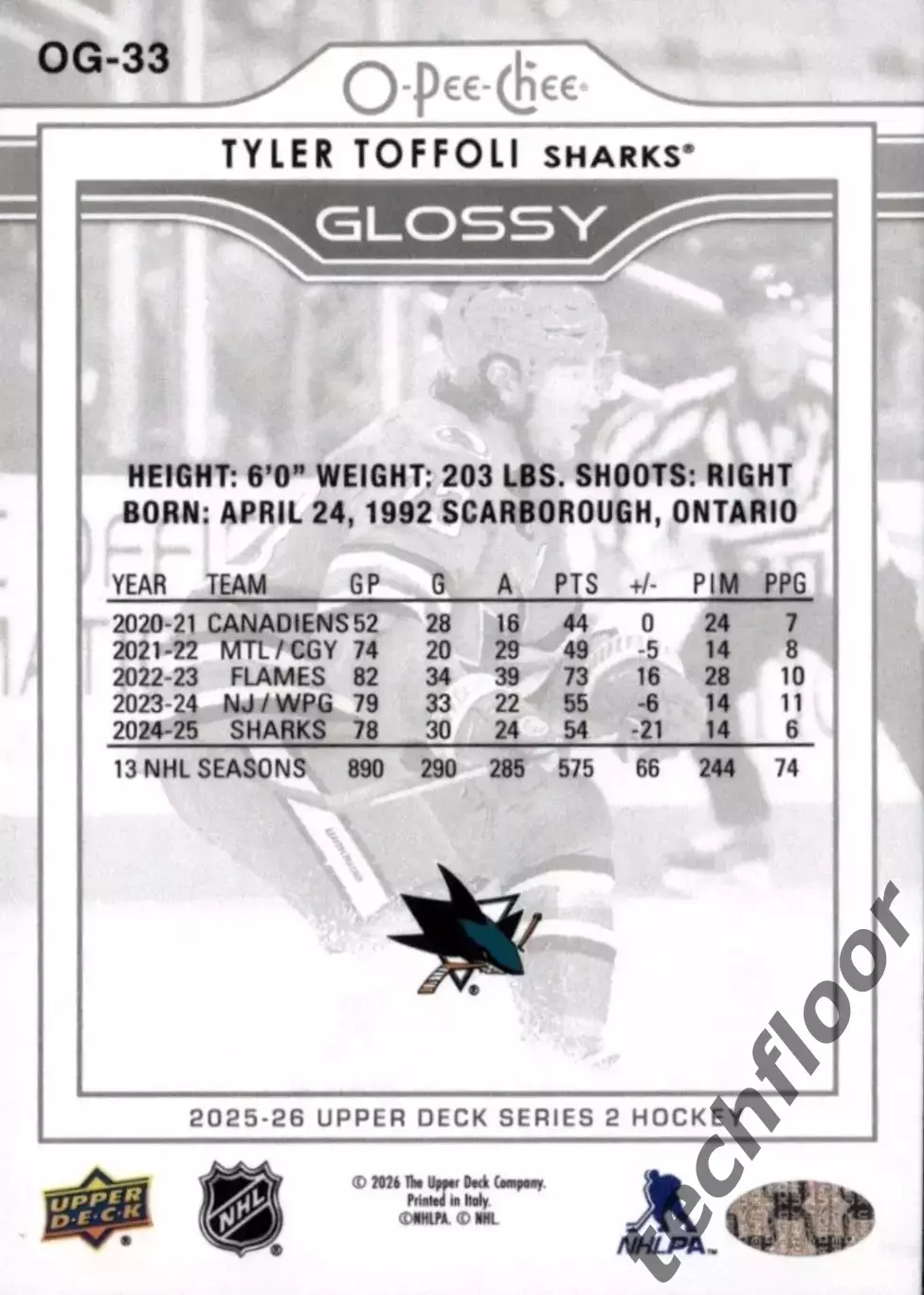 Карточка NHL Tyler Toffoli San Jose Sharks/Тайлер Тоффоли Сан-Хосе НХЛ 1