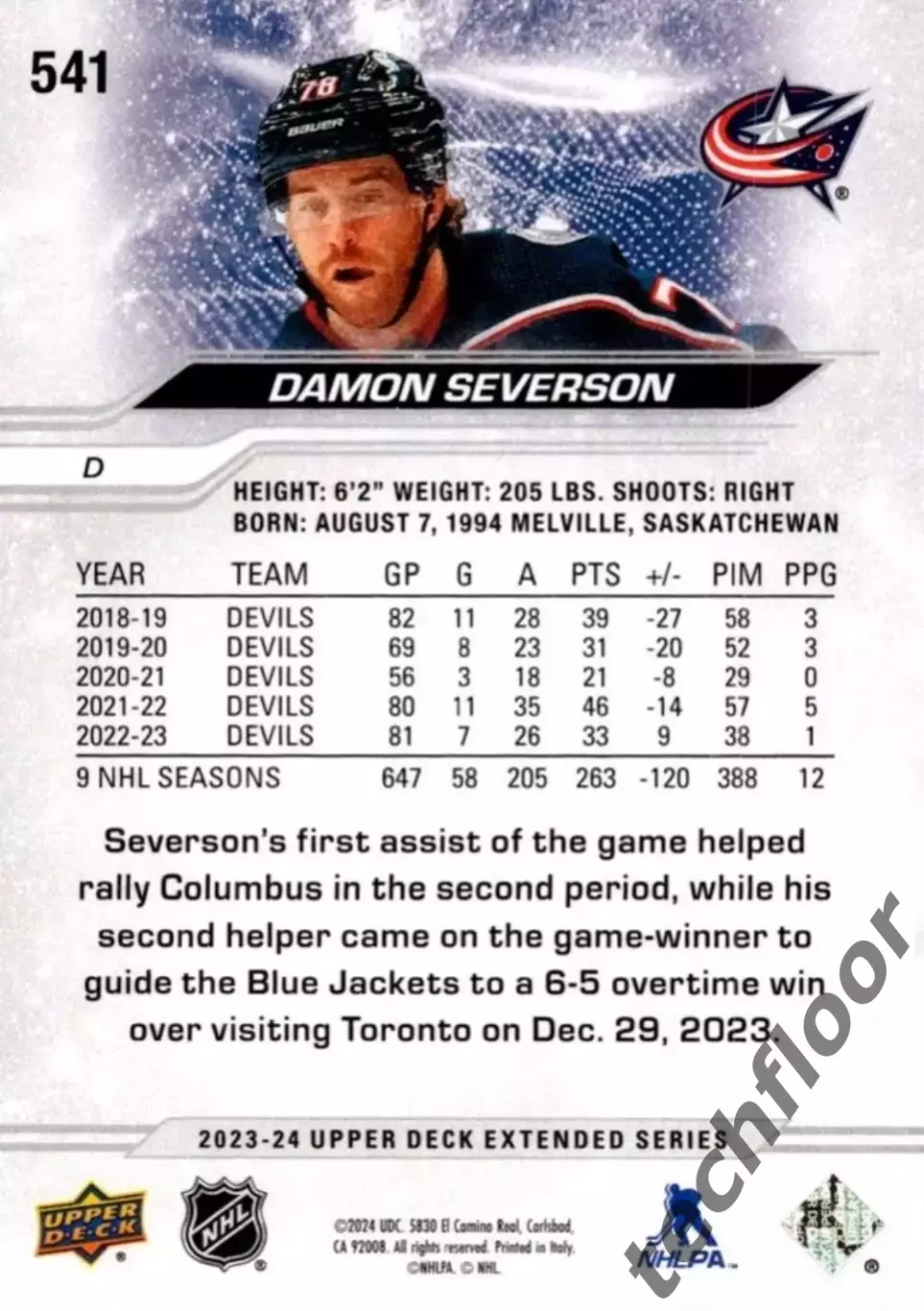 Карточка NHL Damon Severson Columbus Blue Jackets/Деймон Северсон Коламбус НХЛ 1