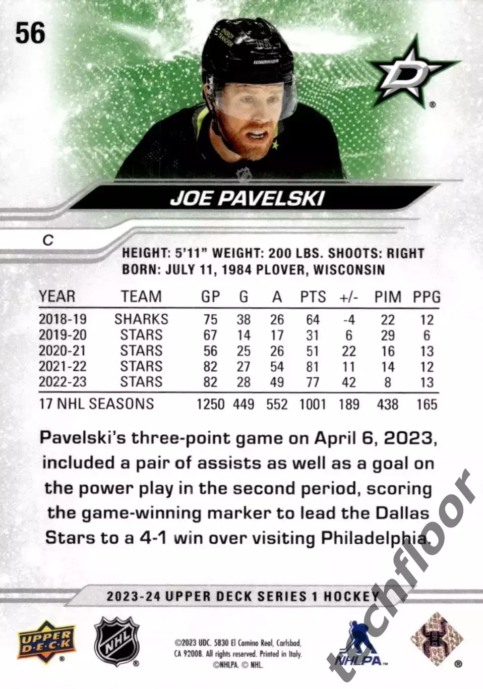Карточка NHL Joe Pavelski Dallas Stars/Джо Павелски Даллас НХЛ 1