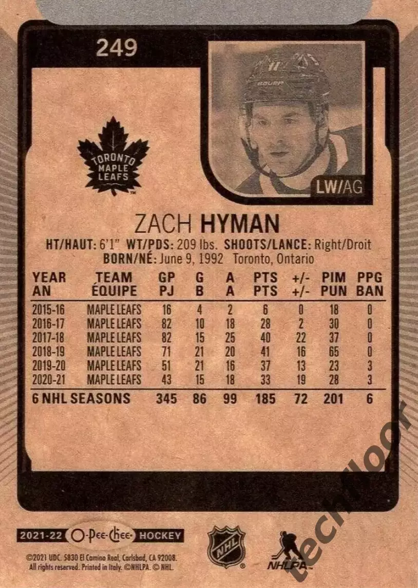Карточка NHL Zach Hyman Toronto Maple Leafs/Зак Хайман Торонто НХЛ 1