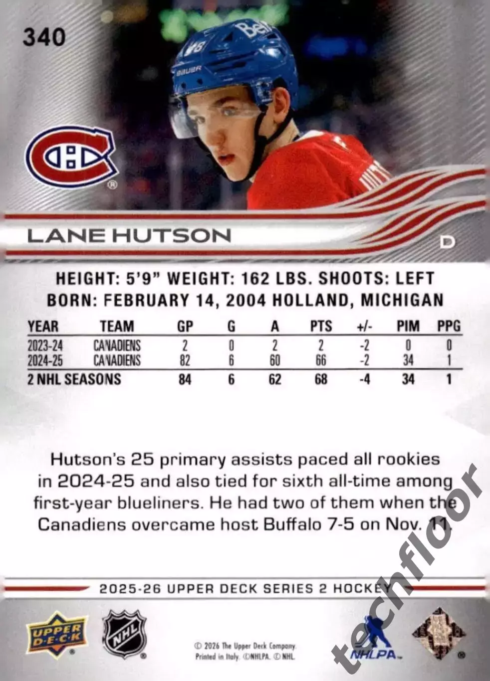 Карточка NHL Lane Hutson Montreal Canadiens/ Лэйн Хатсон Монреаль НХЛ 1