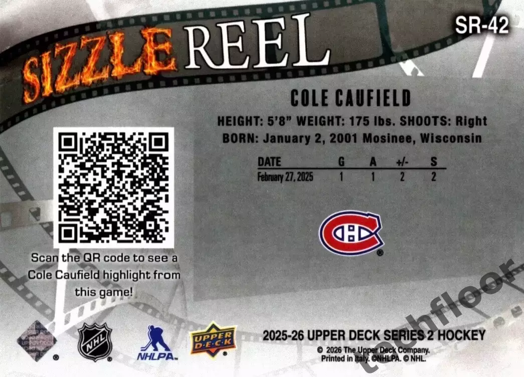 Карточка NHL Cole Caufield Montreal Canadiens/Коул Кофилд Монреаль НХЛ 1