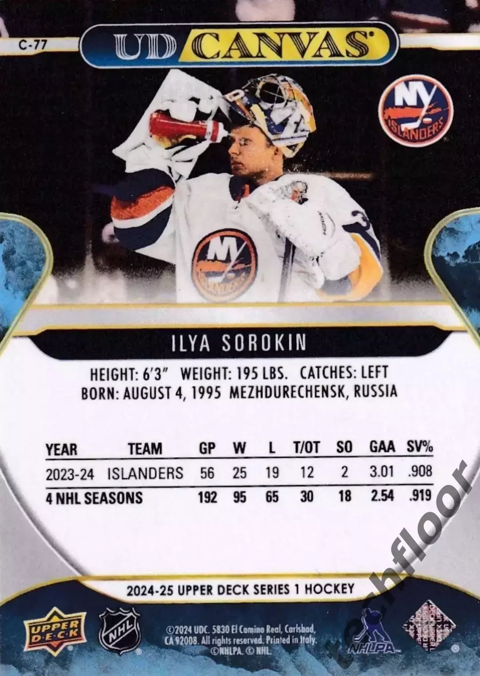 Карточка Canvas NHL Ilya Sorokin New York Islanders/Илья Сорокин Айлендерс НХЛ 1