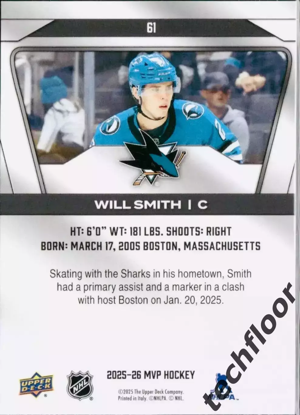 Карточка NHL Will Smith San Jose Sharks 1