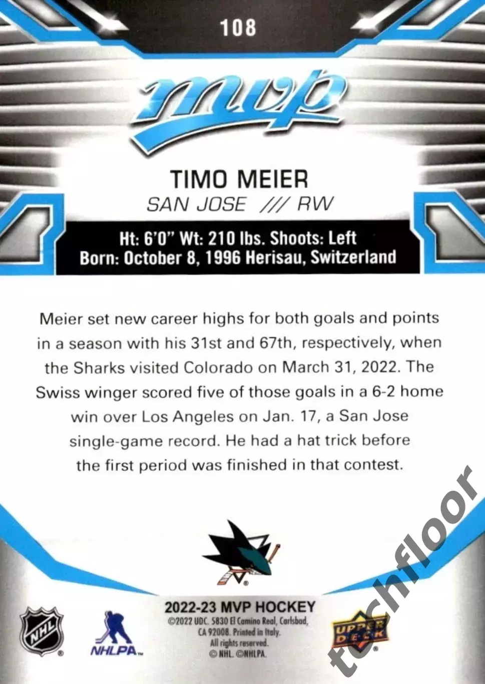 Карточка NHL Timo Meier San Jose Sharks/Тимо Майер Сан-Хосе НХЛ 1