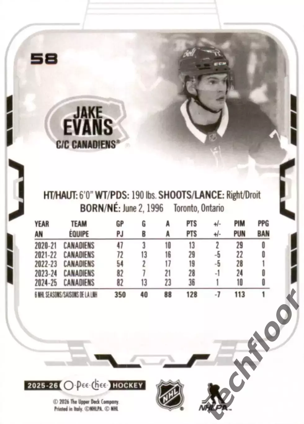Карточка NHL Jake Evans Montreal Canadiens/ Джейк Эванс Монреаль НХЛ 1