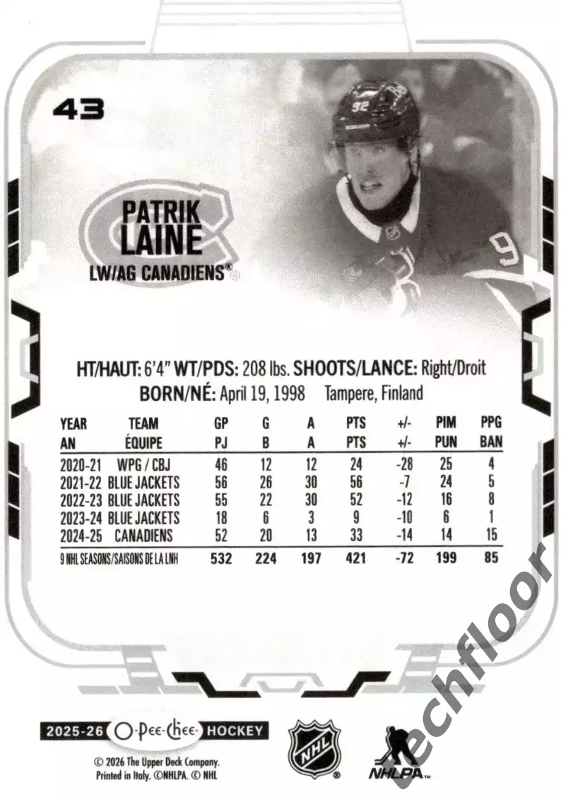 Карточка NHL Patrik Laine Montreal Canadiens/ Патрик Лайне Монреаль НХЛ 1