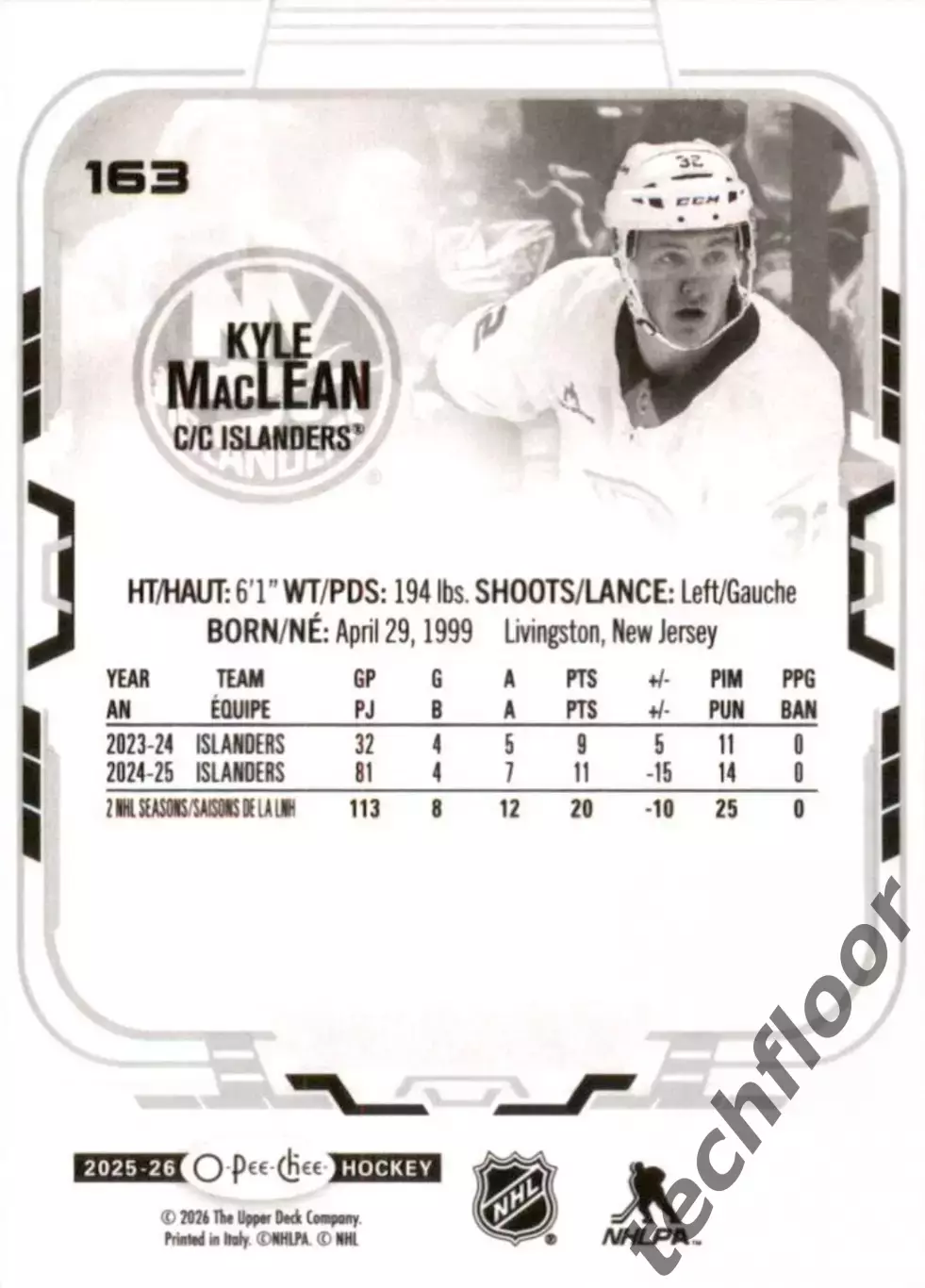 Карточка NHL Kyle MacLean New York Islanders/Кайл Маклин Айлендерс НХЛ 1