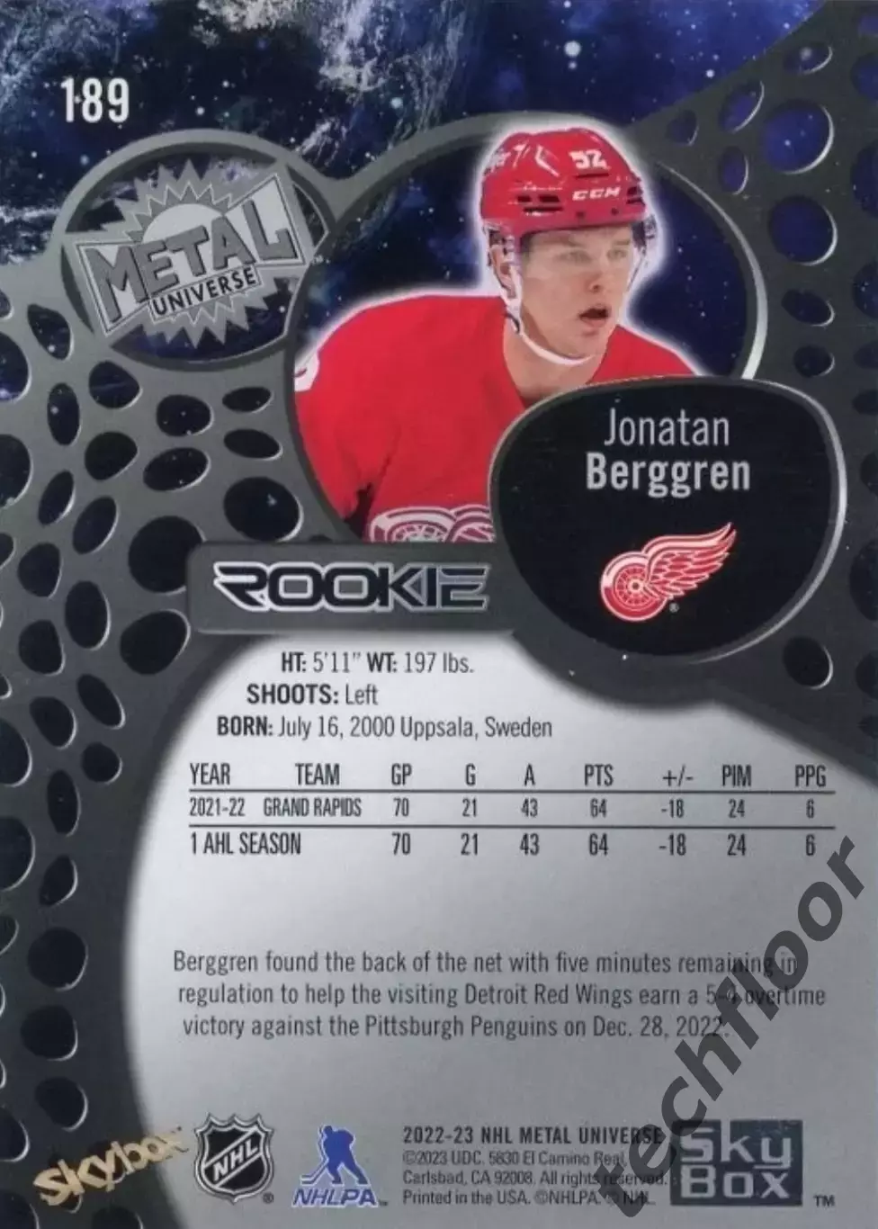 Карточка NHL Jonatan Berggren Detroit Red Wings/ Джонатан Берггрен Детройт НХЛ 1