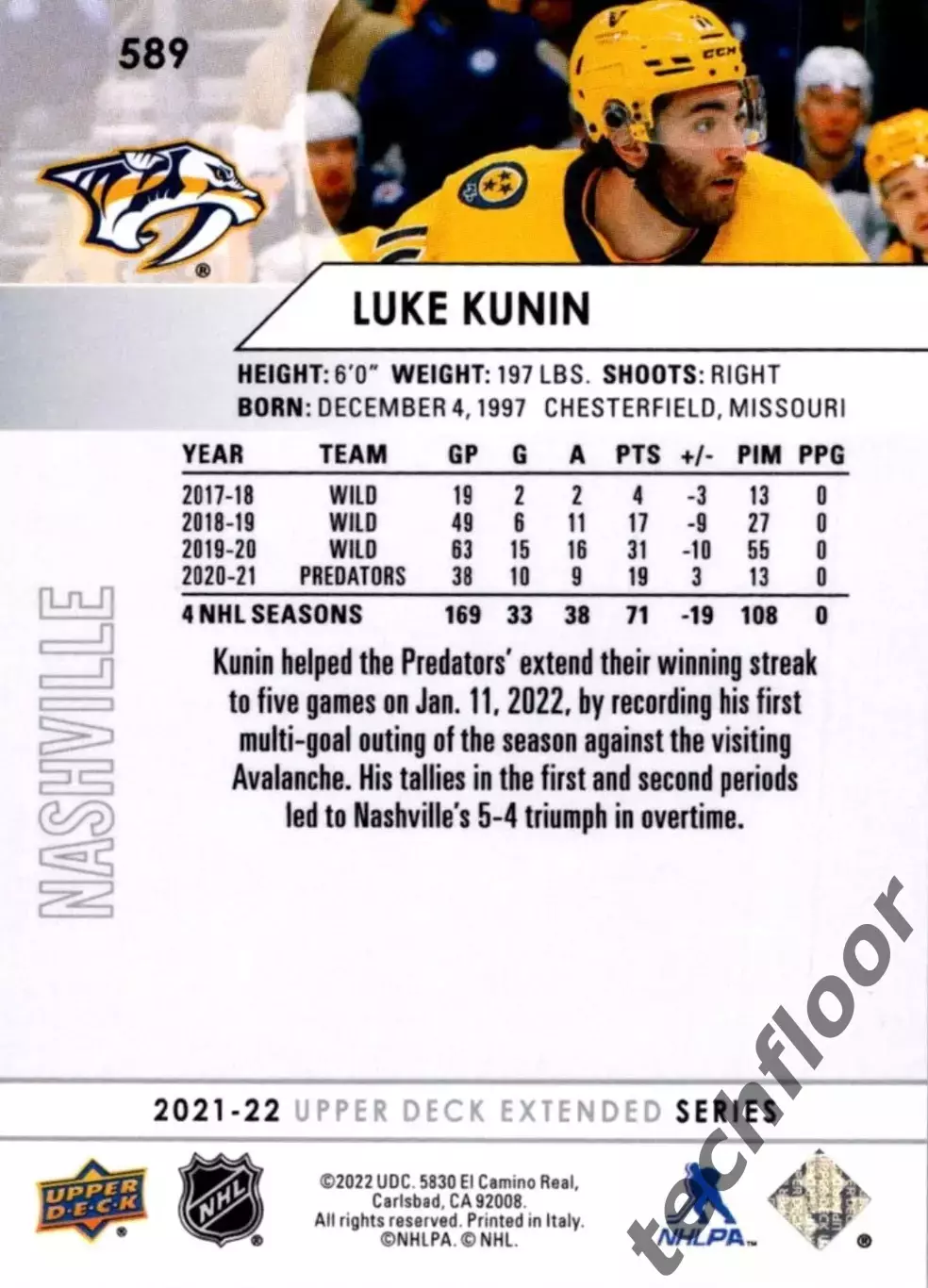Карточка NHL Luke Kunin Nashville Predators/Люк Канин Нэшвилл НХЛ 1