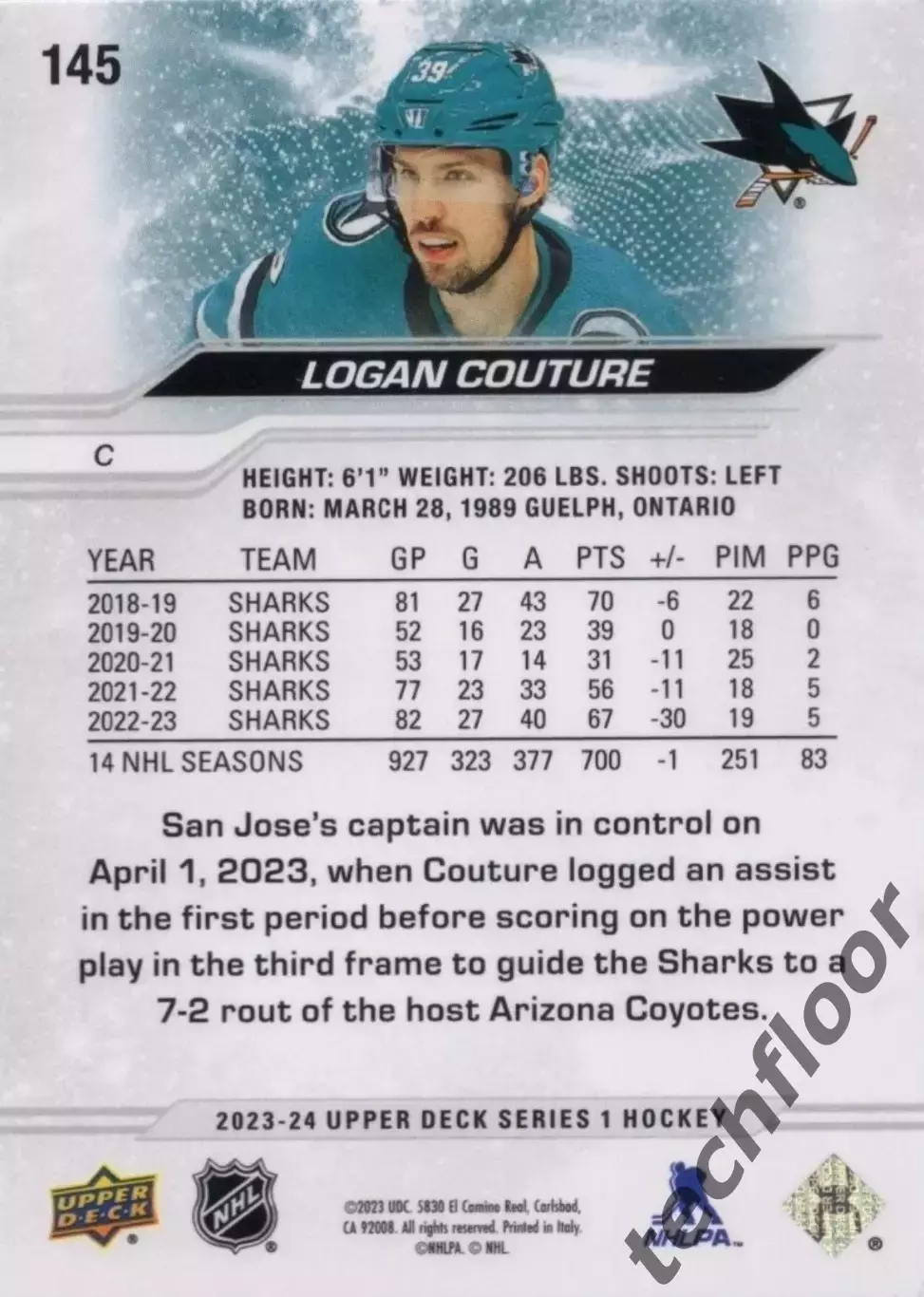 Карточка NHL Logan Couture San Jose Sharks/Логан Кутюр Сан-Хосе НХЛ 1