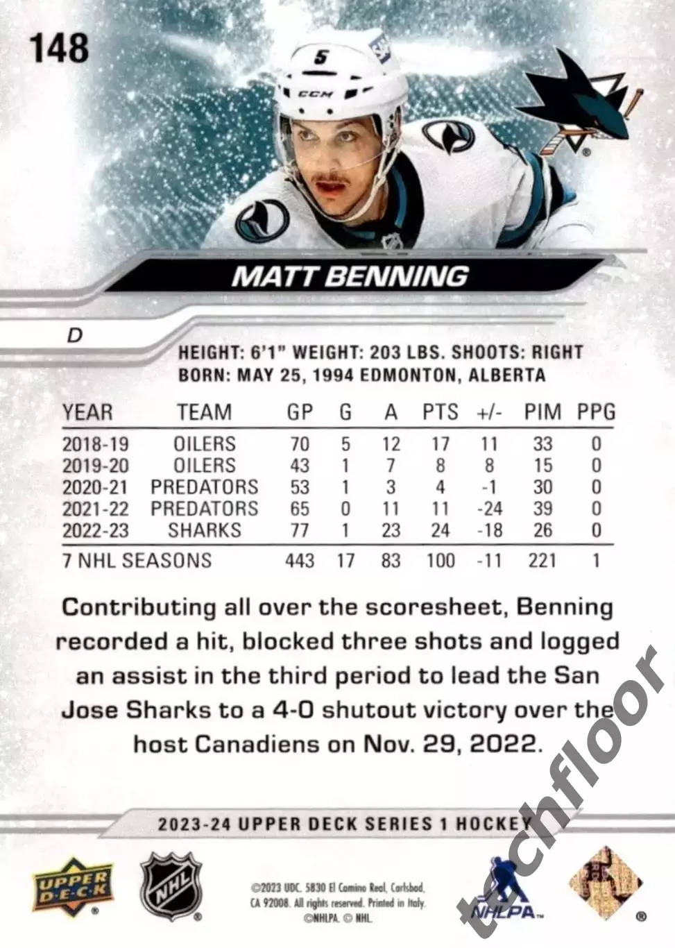 Карточка NHL Matt Benning San Jose Sharks/Мэтт Беннинг Сан-Хосе НХЛ 1