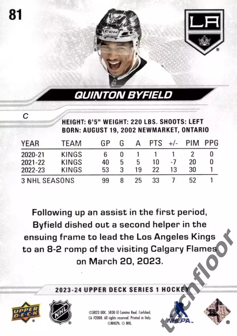 Карточка NHL Quinton Byfield LA Kings/Куинтон Байфилд Лос-Анджелес НХЛ 1