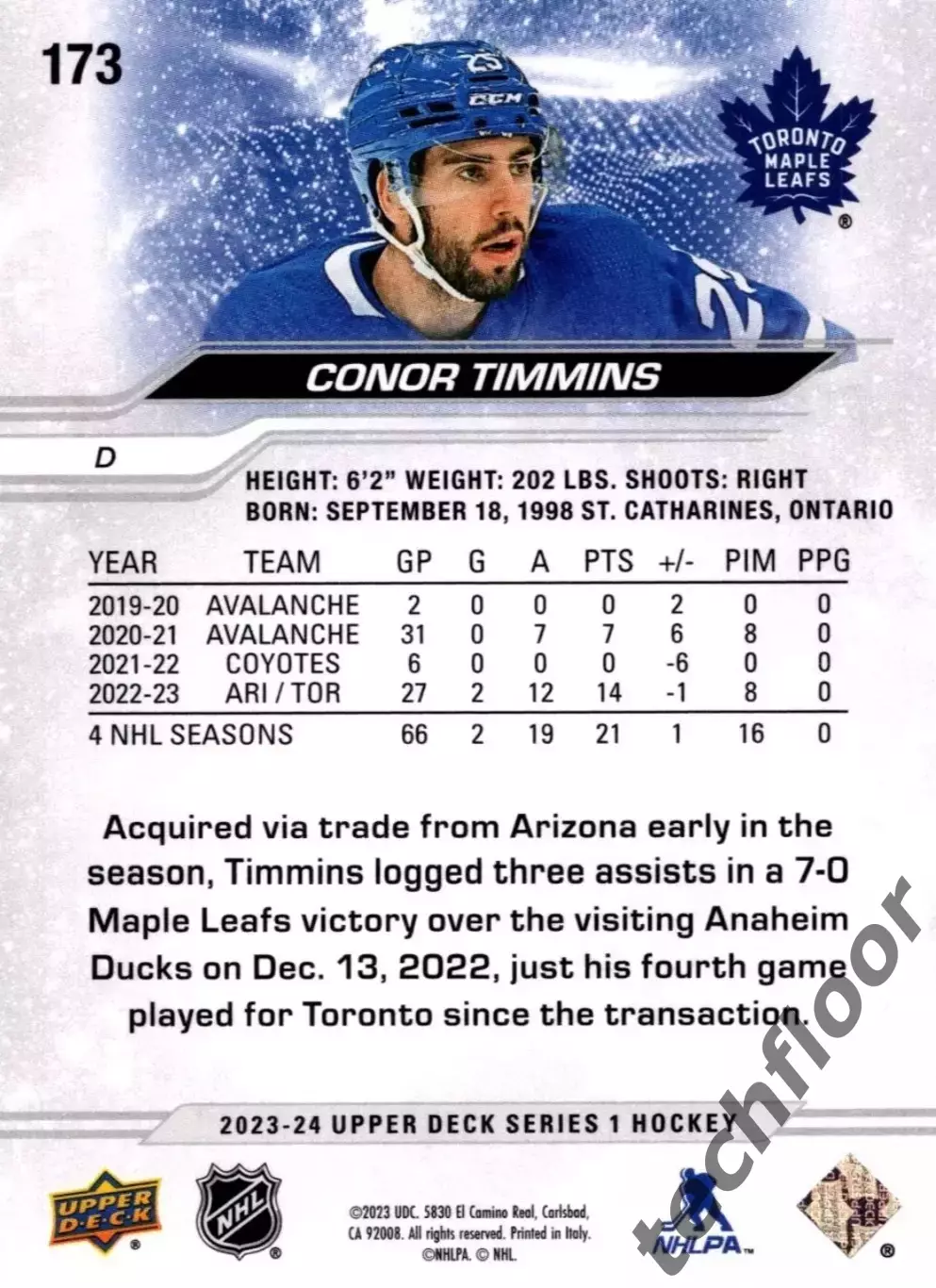 Карточка NHL Connor Timmins Toronto Maple Leafs/Коннор Тимминс Торонто НХЛ 1