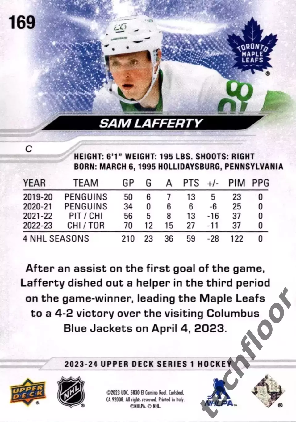 Карточка NHL Sam Lafferty Toronto Maple Leafs/Сэм Лафферти Торонто НХЛ 1