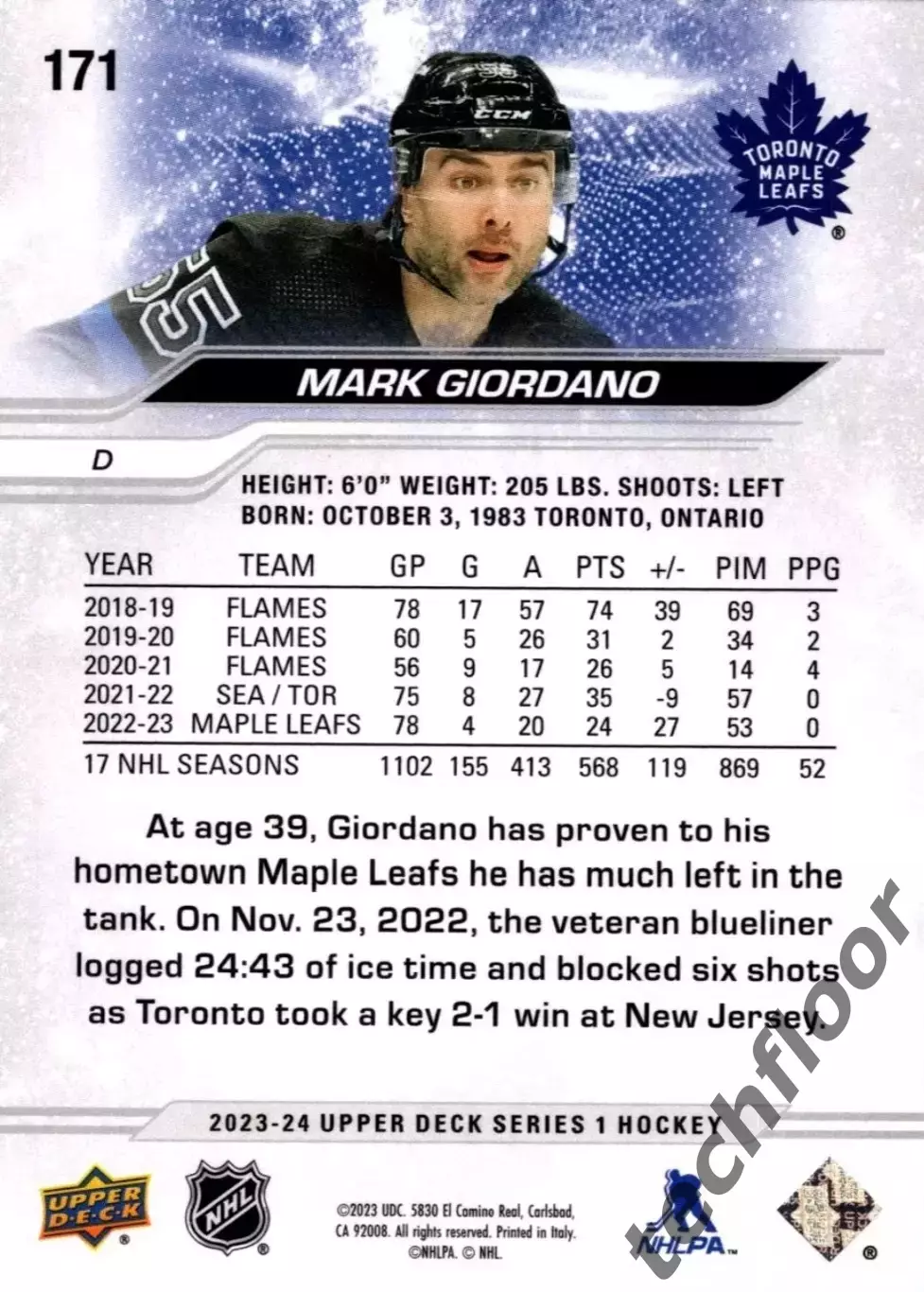 Карточка NHL Mark Giordano Toronto Maple Leafs/Марк Джиордано Торонто НХЛ 1