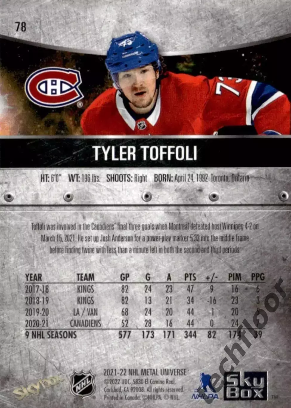 Карточка NHL Tyler Toffoli Montreal Canadiens/ Тайлер Тоффоли Монреаль НХЛ 1