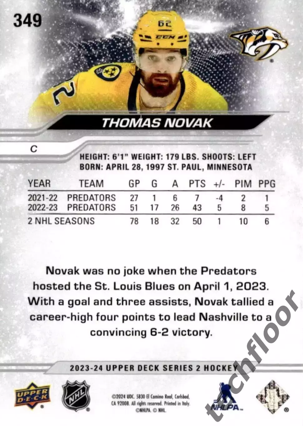 Карточка NHL Thomas Novak Nashville Predators/Томас Новак Нэшвилл НХЛ 1