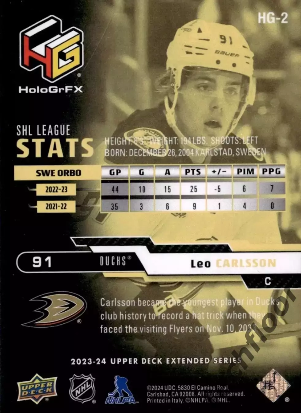 Карточка NHL Leo Carlsson Anaheim Ducks /Лео Карлссон Анахайм НХЛ 1